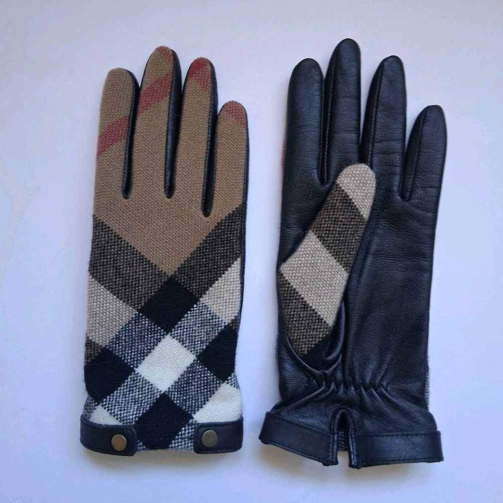 Burberry London Gabriel Check Wool & Leather Gloves Size 7 1/2 Medium Women's